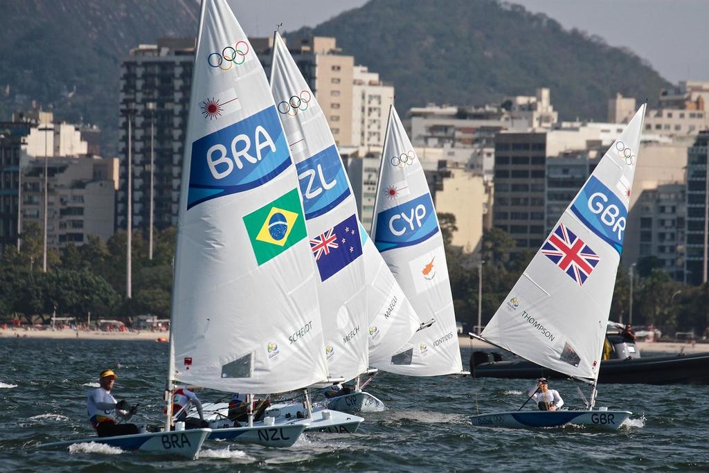 Tightly bunched fleet - Mens Laser - leg 2 of medal race, 2016 Olympics © Richard Gladwell www.photosport.co.nz